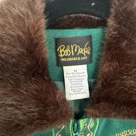 Bob Mackie Vest Women's size Medium  Vintage Green Fleece Embroidered Zip Collar - Picture 2 of 11